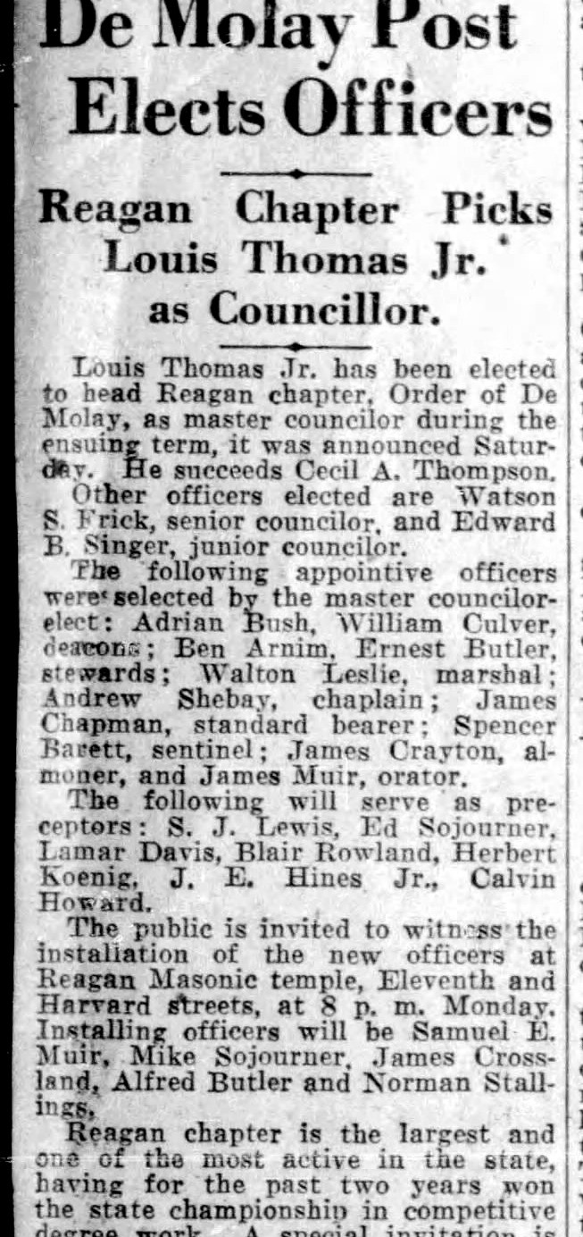 Newspaper clipping, Houston Post, January 1, 1933: DeMolay Post Elects Officers, Reagan Chapter picks Louis Thomas Jr. as councilor