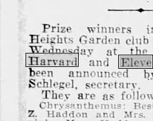 Newspaper clipping, Houston Post, November 23, 1929: prize winners in the Heights Garden Club show at Harvard and Eleventh