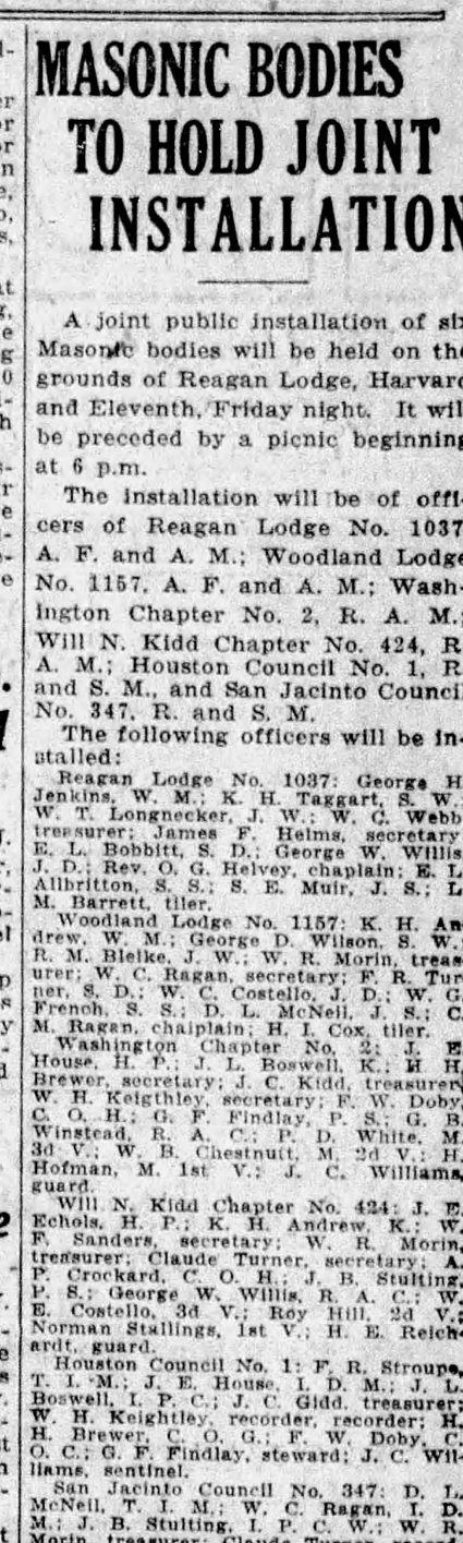 Newspaper clipping, Houston Chronicle, June 22, 1932: headline Masonic Bodies to Hold Joint Installation, six bodies on the grounds of Reagan Lodge at Harvard and Eleventh