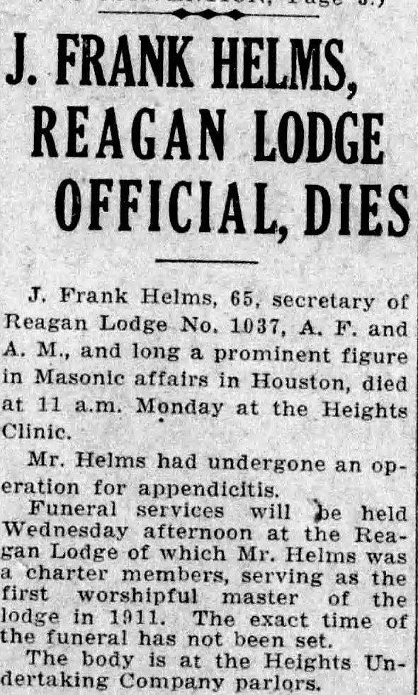 Newspaper clipping, Houston Chronicle, September 12, 1932: front-page headline J. Frank Helms, Reagan Lodge Official, Dies