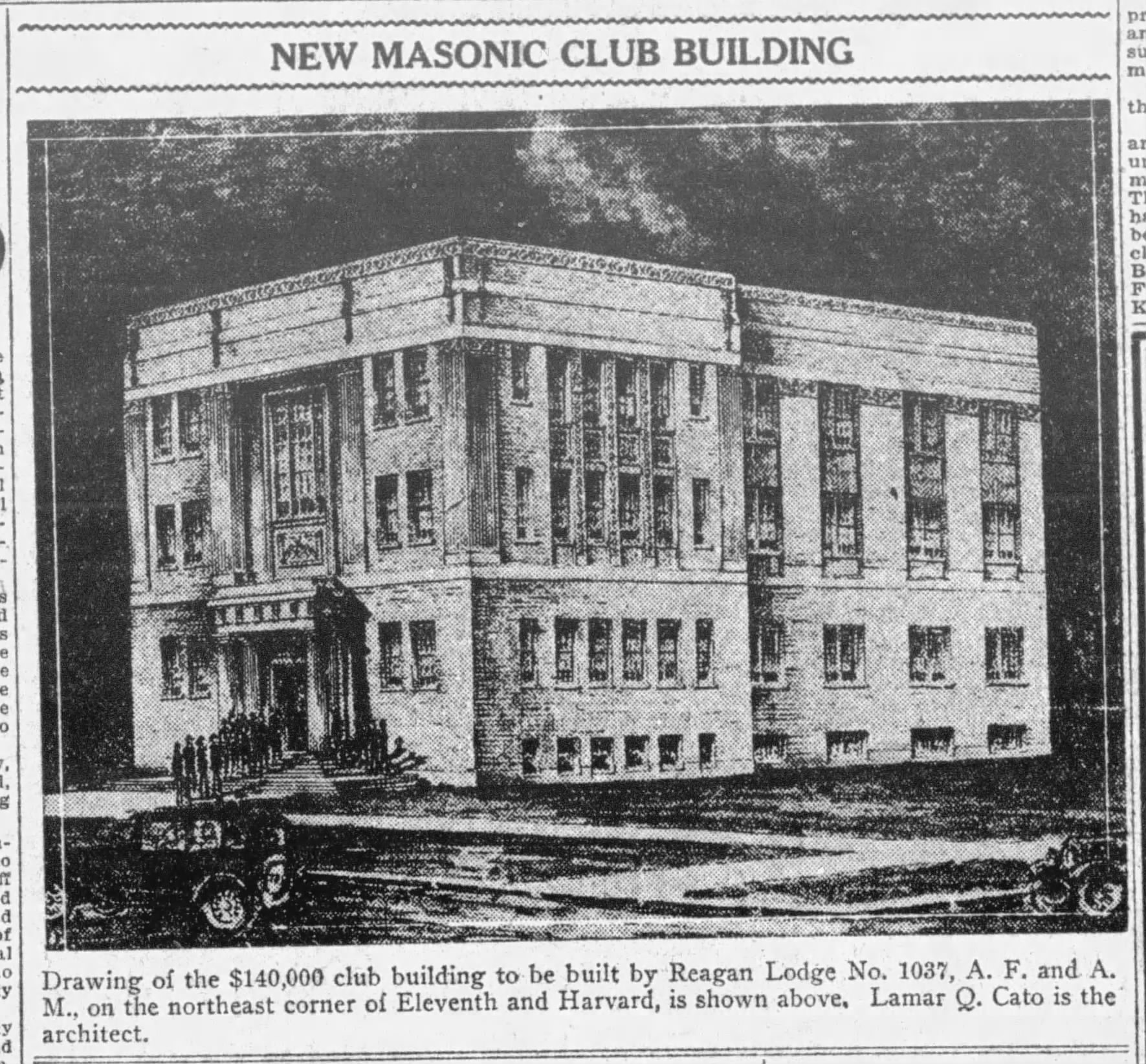 Newspaper halftone of an architect's perspective drawing headed New Masonic Club Building: a three-story classical lodge building on a corner, with a columned entrance where small figures gather and early automobiles in front.