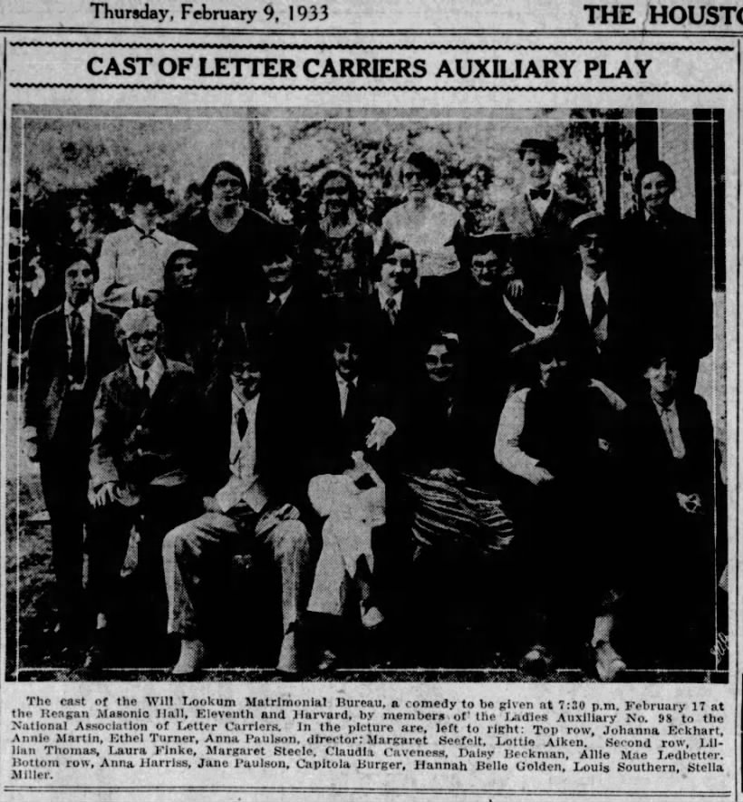 Newspaper photograph, Houston Chronicle, February 9, 1933: the costumed cast of a Letter Carriers auxiliary comedy, about eighteen people in three rows outdoors in front of trees.