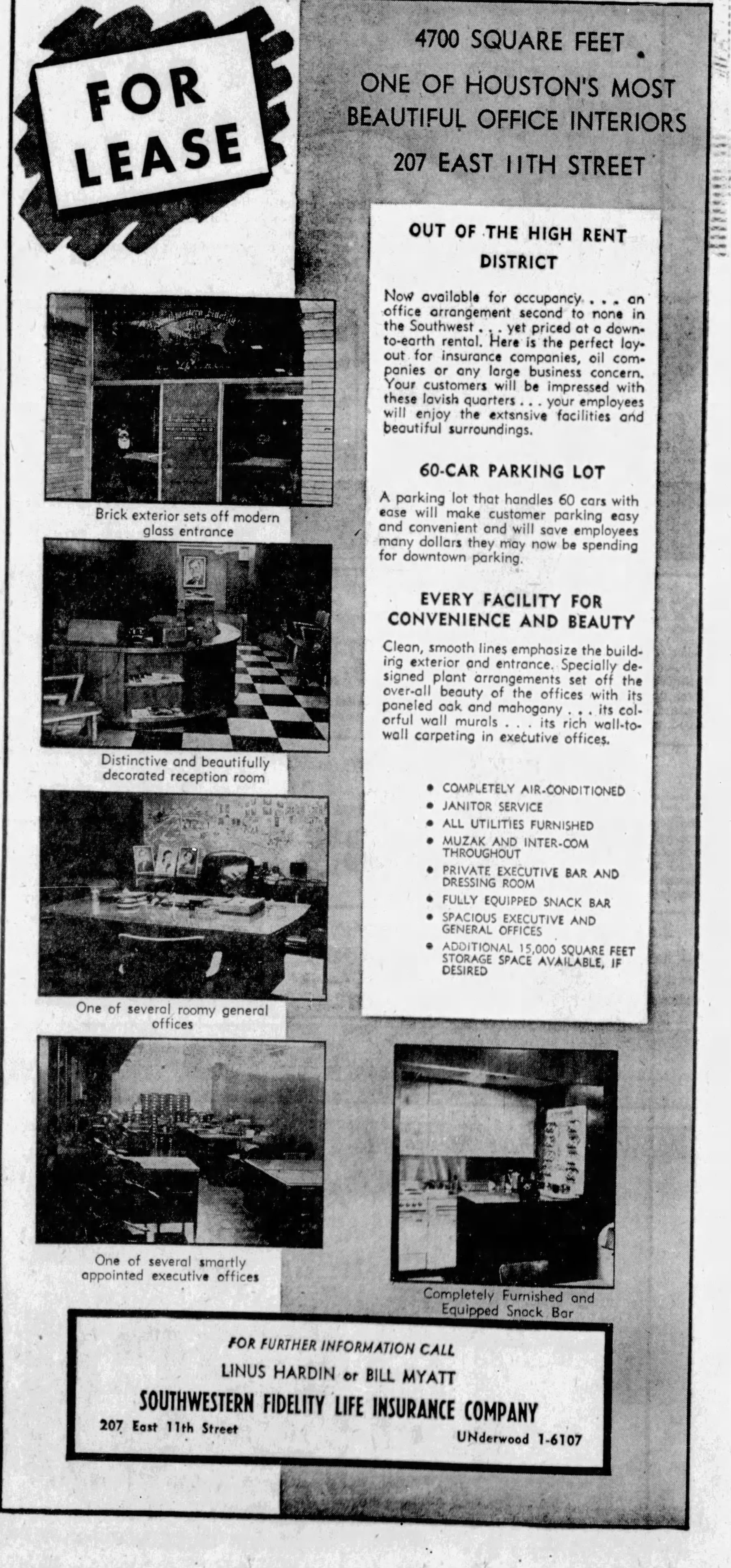 Newspaper display advertisement headed For Lease: 4,700 square feet, one of Houston's most beautiful office interiors, 207 East 11th Street, with photographs of a glass entrance, a reception room with a curved desk and checkerboard floor, two offices and a snack bar.